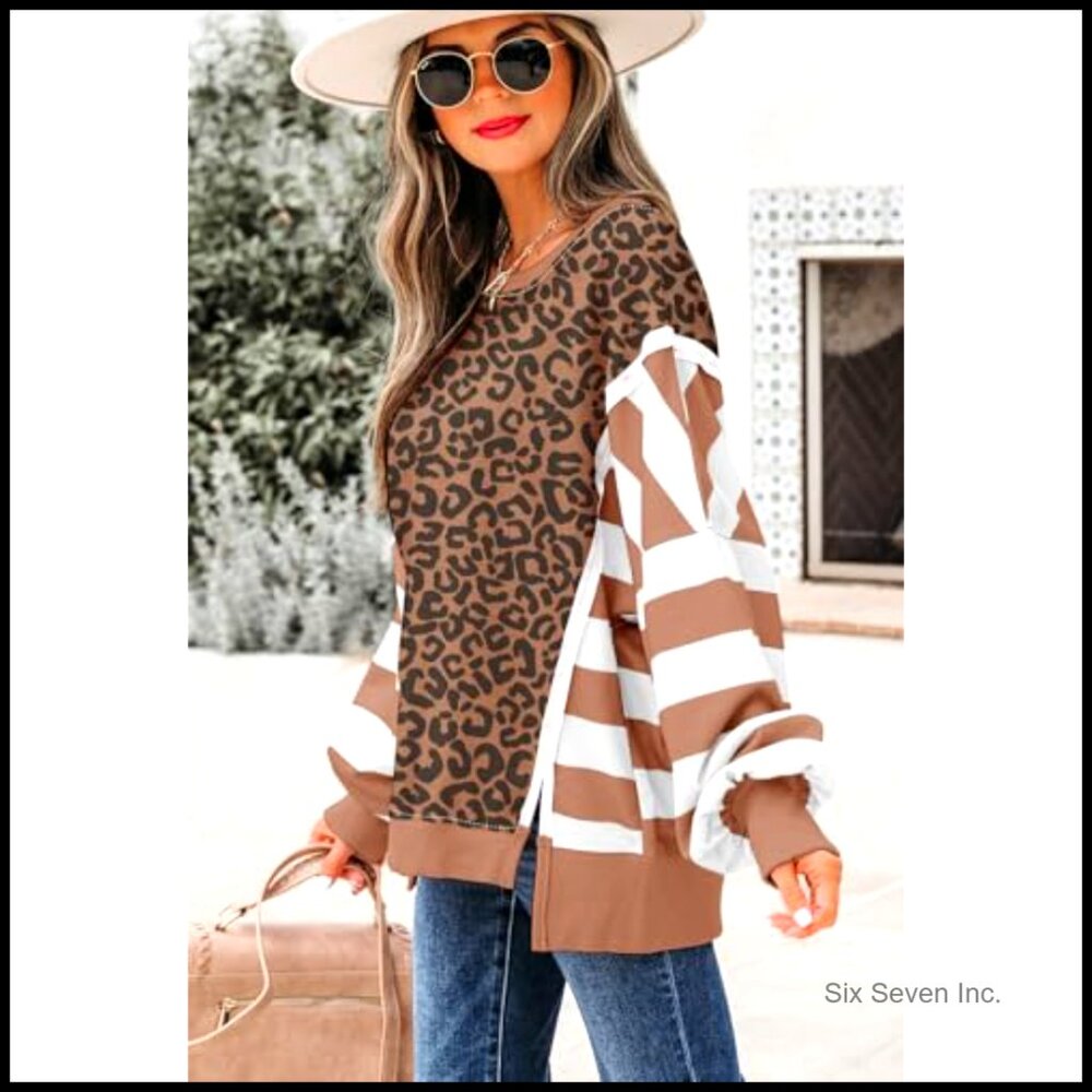 Striped Patchwork Sweatshirt Drop Shoulder Side S… - image 3